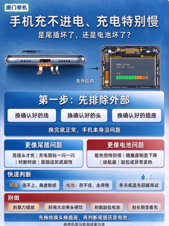手机充不进电、充电特别慢，到底是充电口（尾插）坏了还是电池的问题？